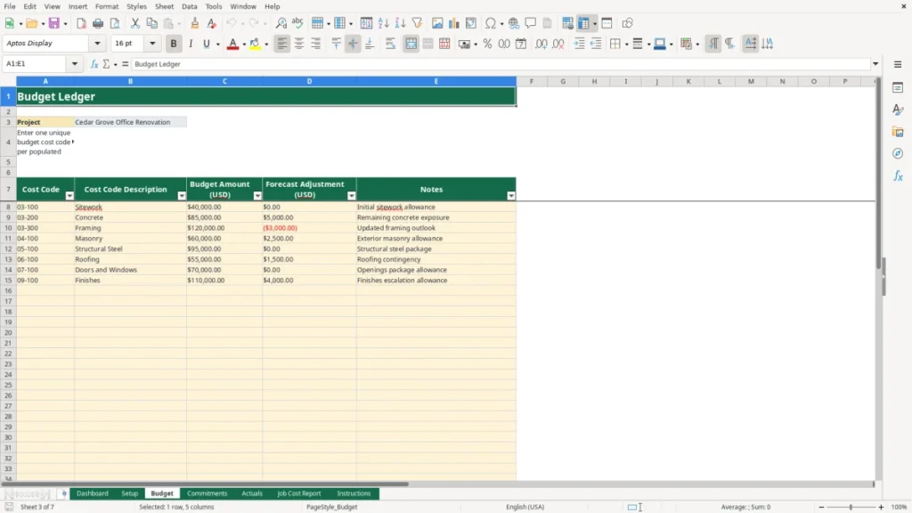Workbook preview 2 of 4: Free Construction Job Costing Workbook in Excel 2026
