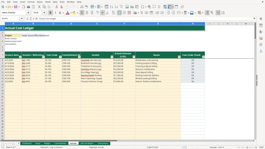 Workbook preview 3 of 4: Free Construction Job Costing Workbook in Excel 2026