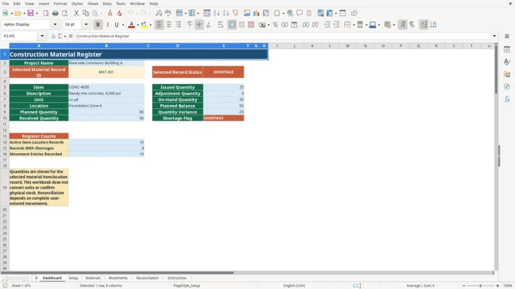 Workbook preview 1 of 4: Free Construction Material Workbook in Excel 2026