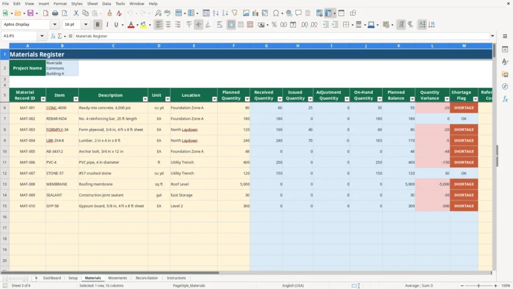 Workbook preview 2 of 4: Free Construction Material Workbook in Excel 2026