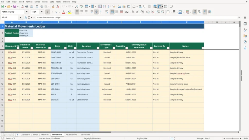 Workbook preview 3 of 4: Free Construction Material Workbook in Excel 2026