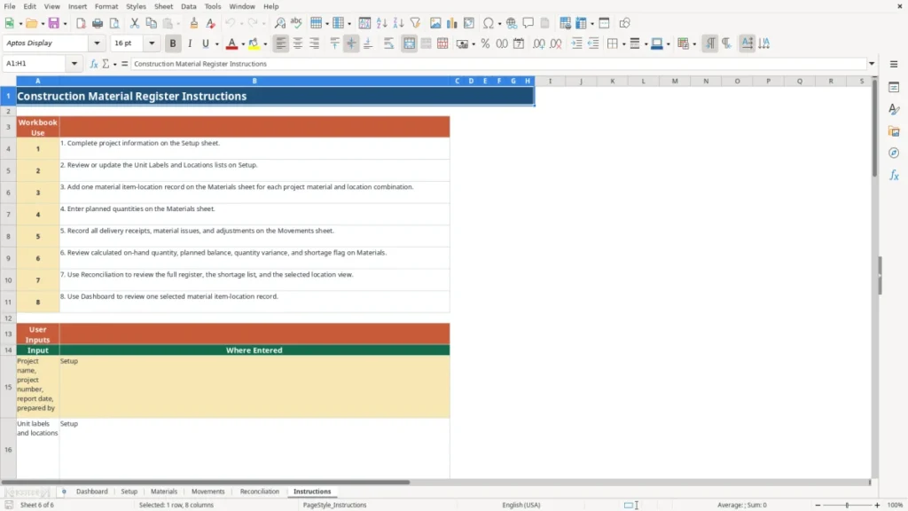 Workbook preview 4 of 4: Free Construction Material Workbook in Excel 2026