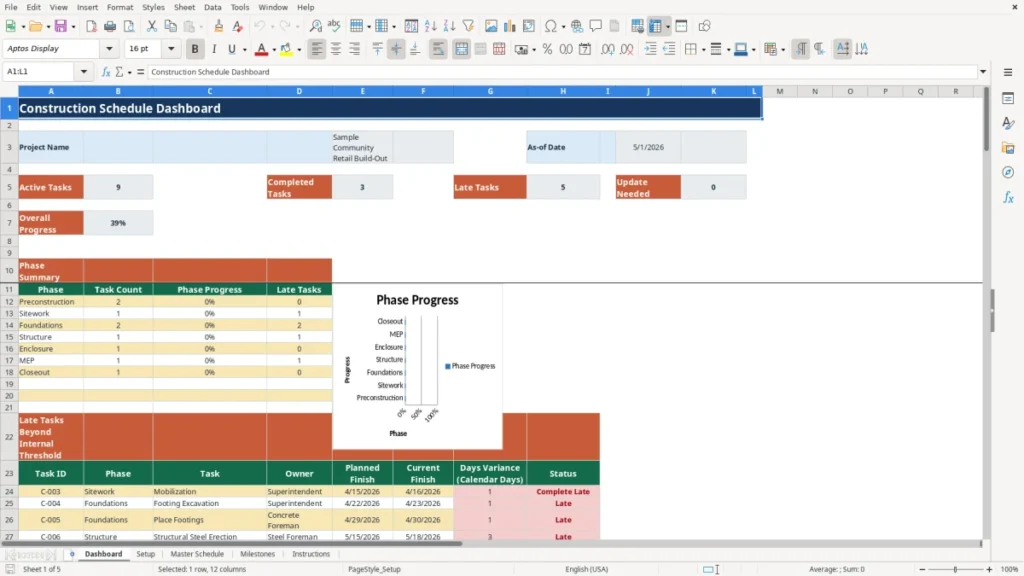 Workbook preview 1 of 4: Free 2026 Construction Schedule Workbook in Excel