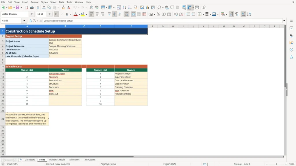 Workbook preview 2 of 4: Free 2026 Construction Schedule Workbook in Excel