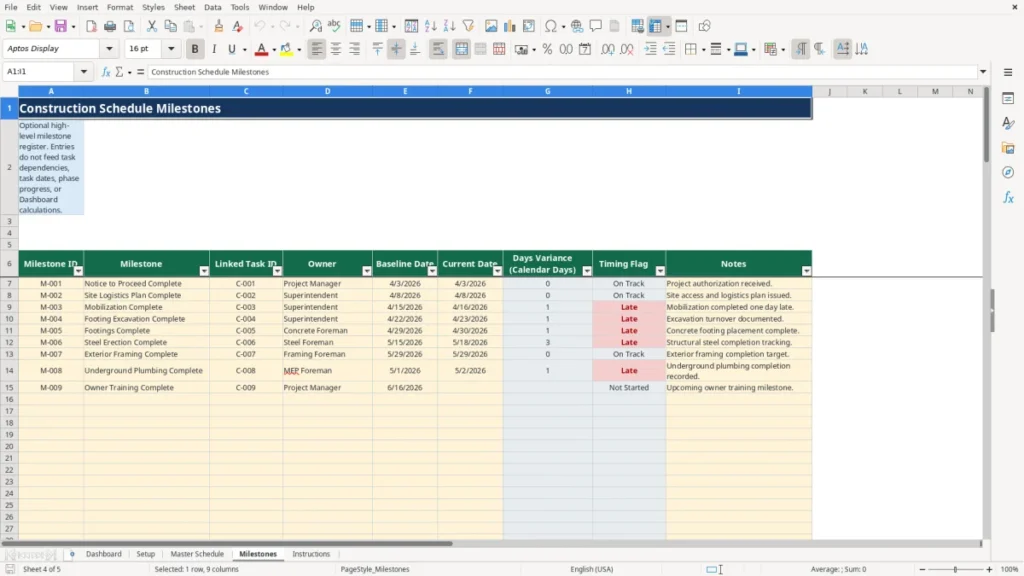 Workbook preview 3 of 4: Free 2026 Construction Schedule Workbook in Excel