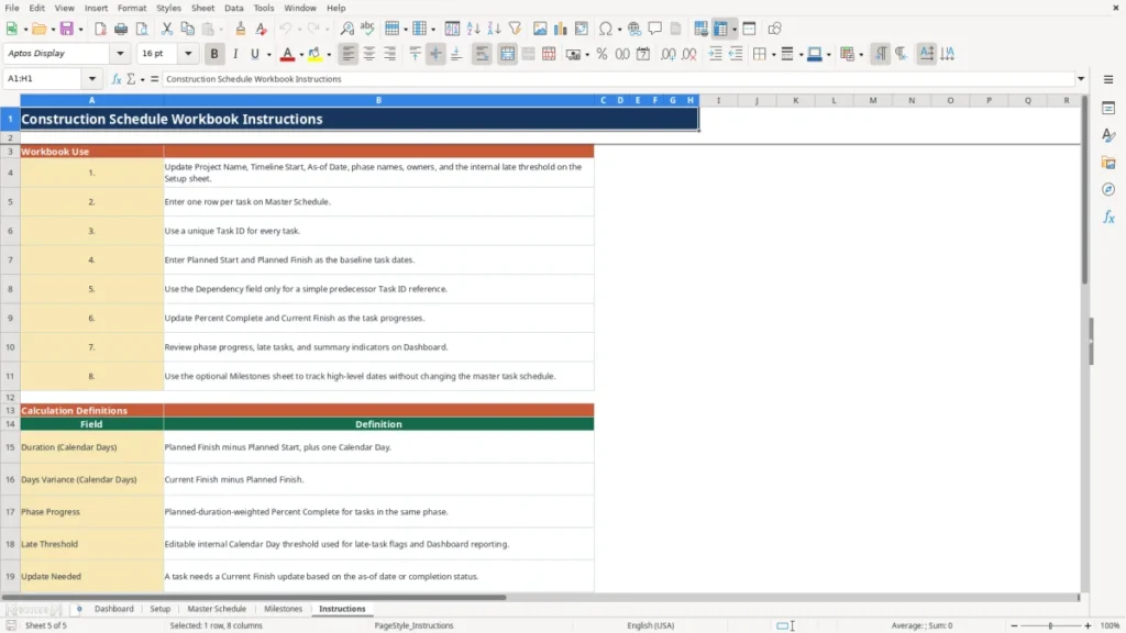 Workbook preview 4 of 4: Free 2026 Construction Schedule Workbook in Excel
