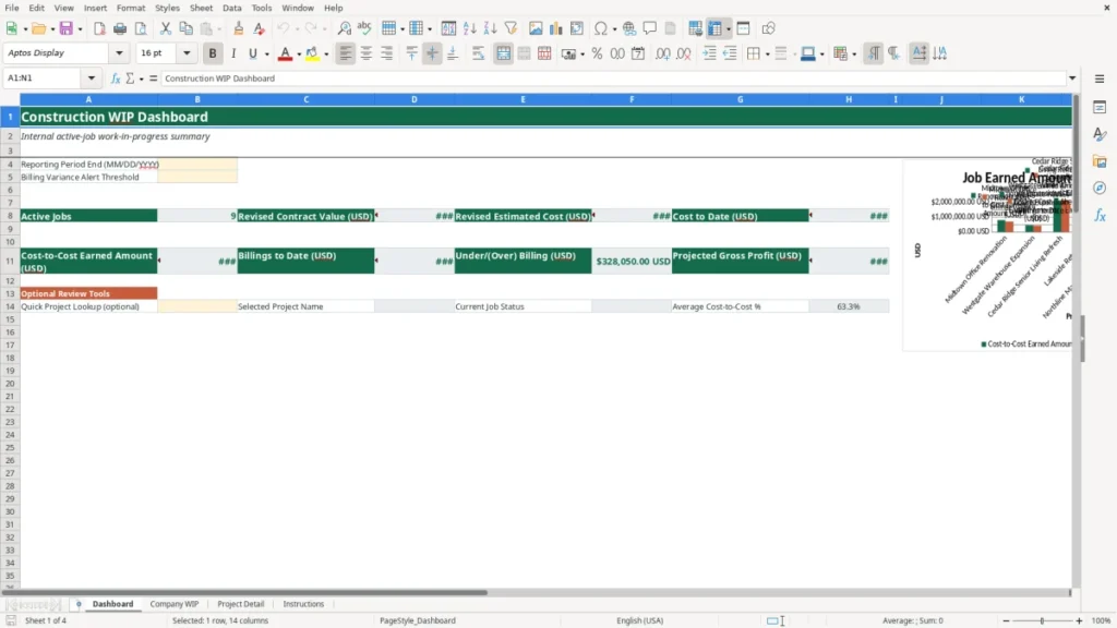 Workbook preview 1 of 4: Free 2026 Construction WIP Workbook in Excel