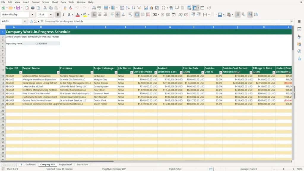 Workbook preview 2 of 4: Free 2026 Construction WIP Workbook in Excel