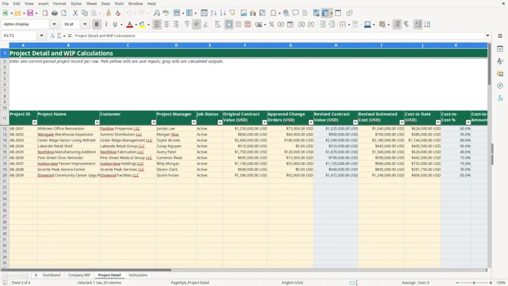 Workbook preview 3 of 4: Free 2026 Construction WIP Workbook in Excel