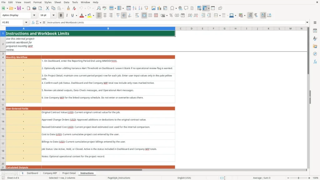Workbook preview 4 of 4: Free 2026 Construction WIP Workbook in Excel